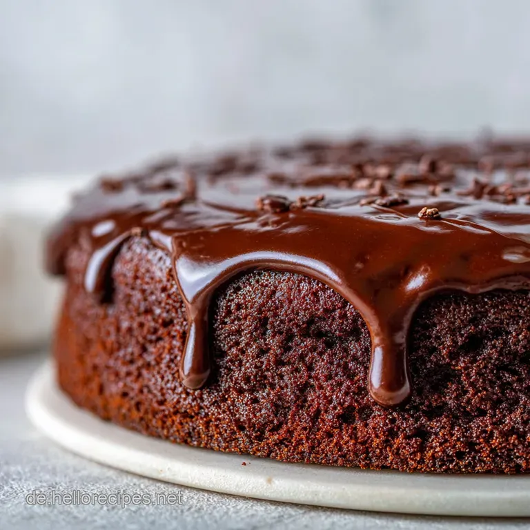 Slice of moist chocolate cake on a white plate, decorated with a dusting of cocoa. The smooth, dark surface catches the li...