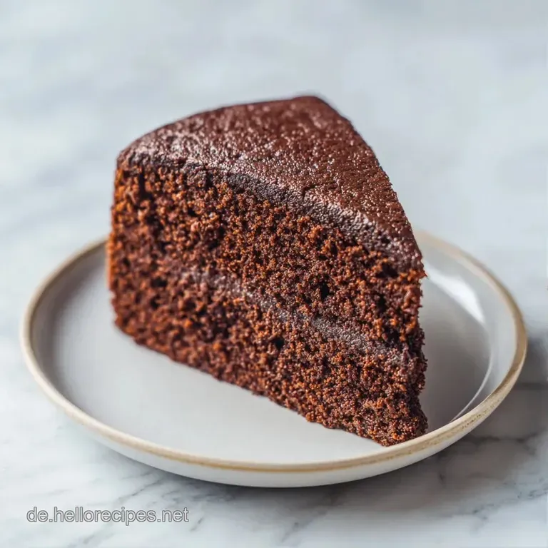 Ein saftiges St&uuml;ck dunkler Kuchen auf einem wei&szlig;en Porzellanteller, garniert mit frischer Minze und roten Beeren.