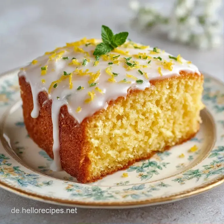 Ein hellgelbes Kuchenst&uuml;ck auf wei&szlig;em Porzellan, veredelt mit einer leuchtend gelben Zitronenscheibe und gr&uuml;nem Minzblatt.