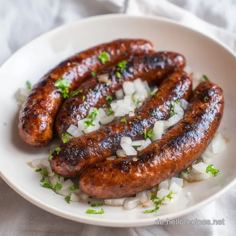 Eine wei&szlig;e Platte mit saftigen, braunen Grillw&uuml;rstchen, cremiger wei&szlig;er Sauce und frischem Fladenbrot in hellem Beige.
