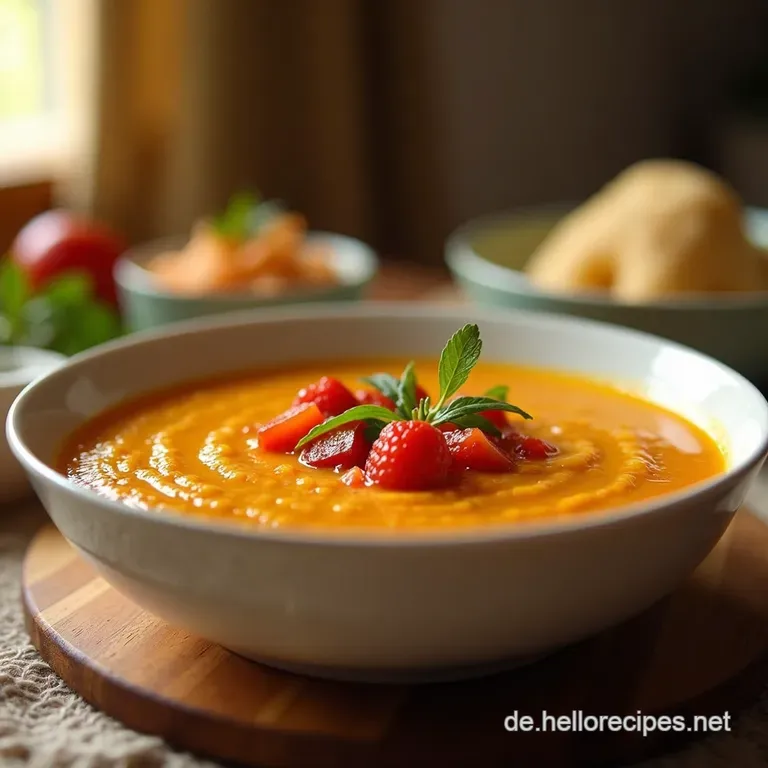 Samtige KürbisKokosSuppe mit Ingwer Curry presentation