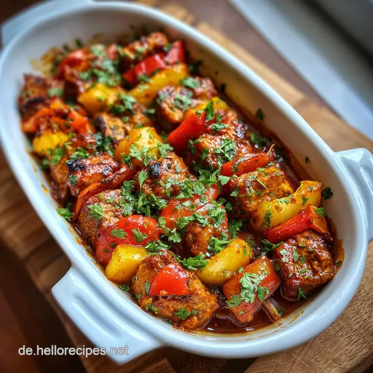 A portion of glistening, slow-cooked meat and vegetables, plated with a generous spoonful of savory, dark red sauce, garni...