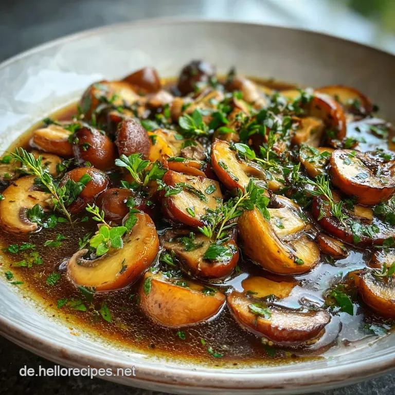 A swirl of fettuccine with saut&eacute;ed mushrooms and herbs, drizzled with creamy sauce. Sprig of thyme on top.