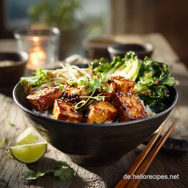 Vegane Bowl mit Reis und Tofu: Knuspriger Tofu-Genuss