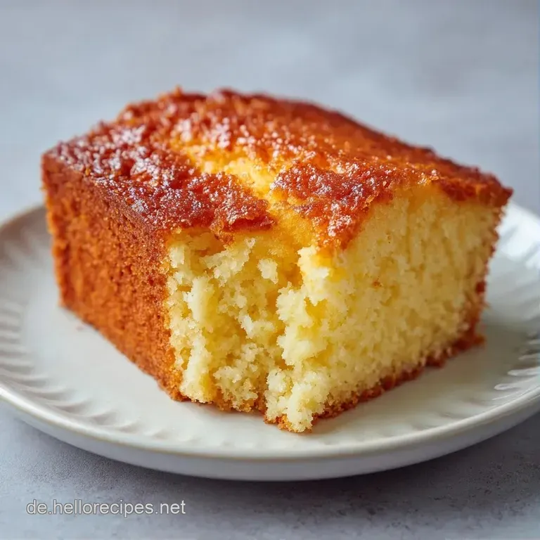 Ein lockeres St&uuml;ck goldgelbem Kuchen auf einem wei&szlig;en Porzellanteller mit einer zarten, knusprigen Oberseite.
