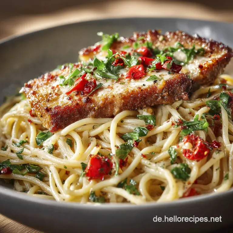 Spaghetti aglio e olio mit H&auml;hnchenschnitzel: Der Feierabend-Hit