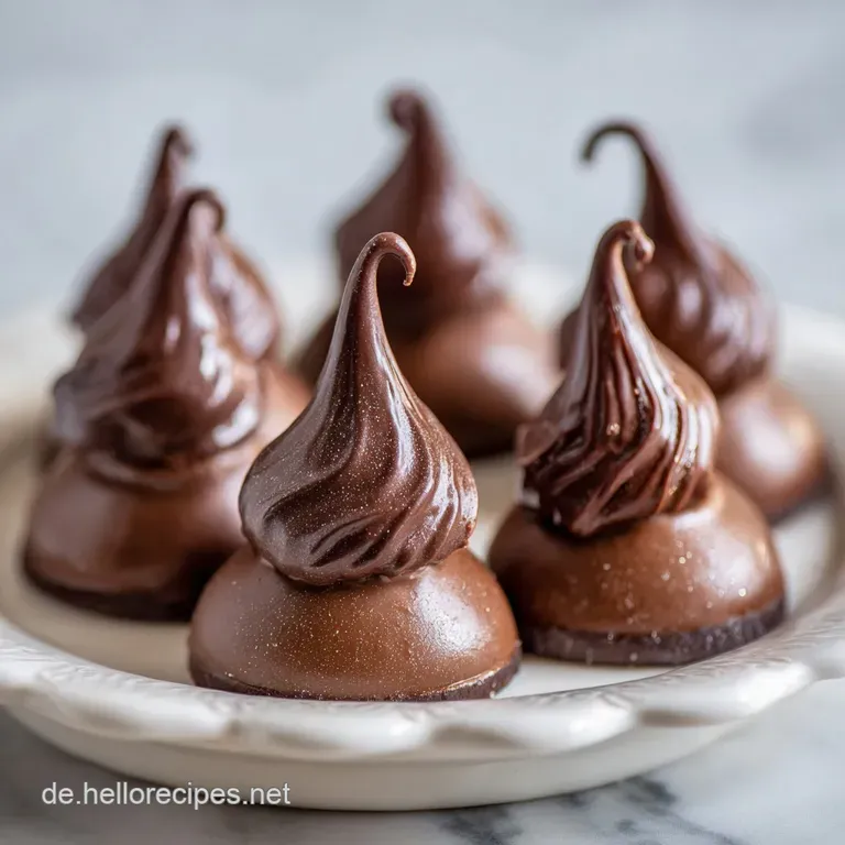 Elegant dessert plate displaying three chocolate marshmallow treats; one is cut open revealing the fluffy, white filling.