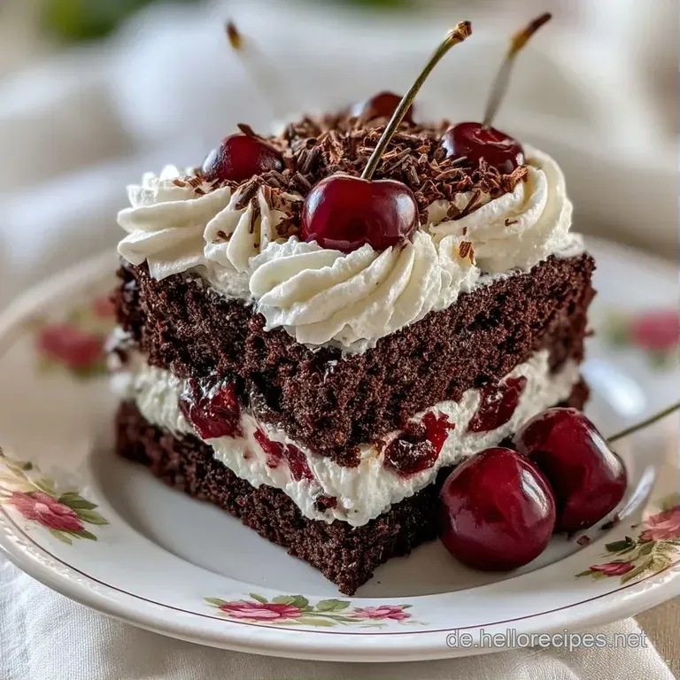 Ein St&uuml;ck fluffiger Schokoladenkuchen auf einem wei&szlig;en Teller, garniert mit einer frischen Kirsche und feinem Kakaopulver.
