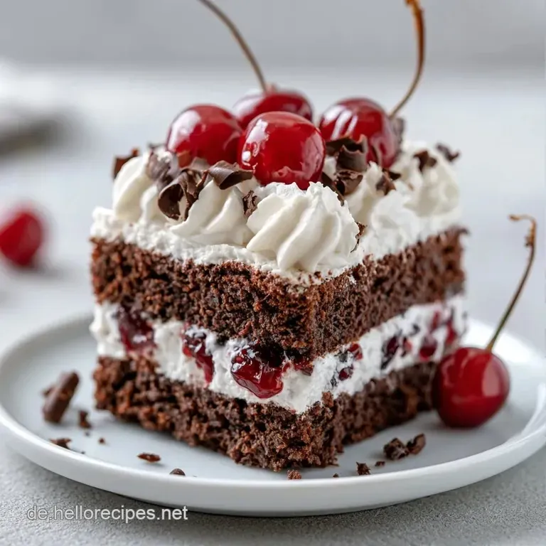 Prachtvolle Schichttorte auf wei&szlig;em Porzellan, geschm&uuml;ckt mit lockeren Sahnetupfern und tiefroten, gl&auml;nzenden Kirschen.