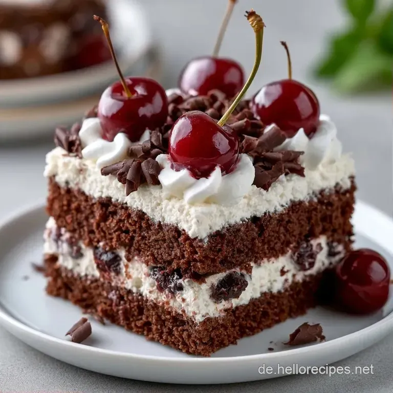 Eine prachtvolle Torte auf wei&szlig;em Porzellan, Schichten aus dunklem Teig und heller Creme, garniert mit Schokoraspeln.