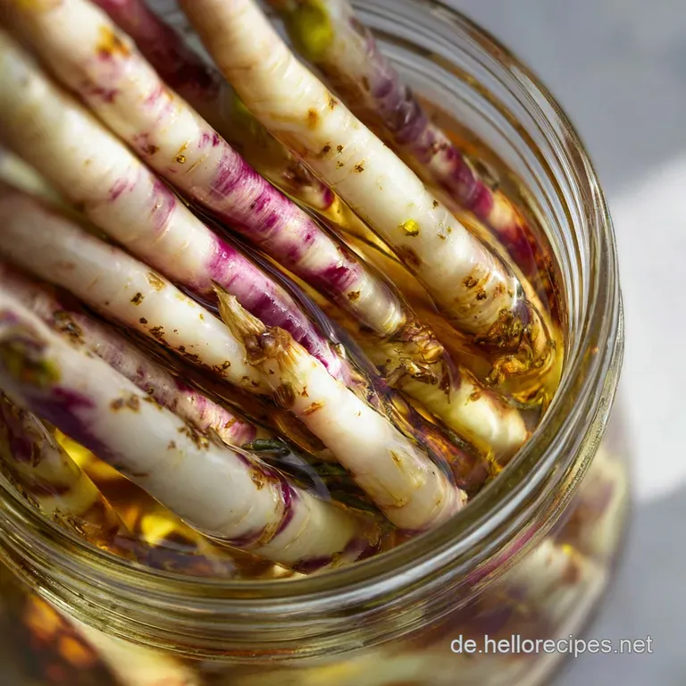 Delicate portion of glossy salsify spears artfully arranged on a white plate. A scattering of herbs adds fresh fragrance a...