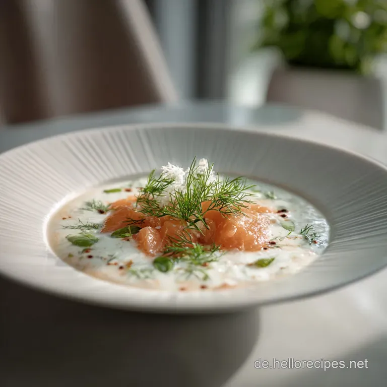 Elegant bowl of pale yellow soup with dill sprigs, salmon, egg slices. A vibrant, appetizing Nordic summer dish presentation.