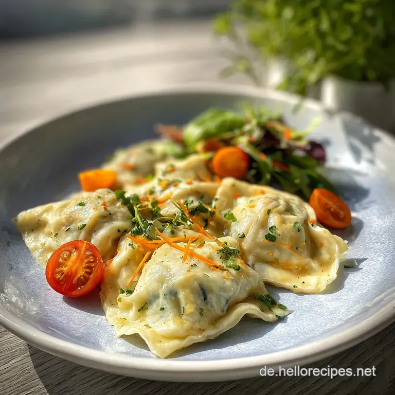 Two neatly plated Maultaschen, steam rising, alongside vibrant green spinach. Broth pools around, hinting at savory, meaty...