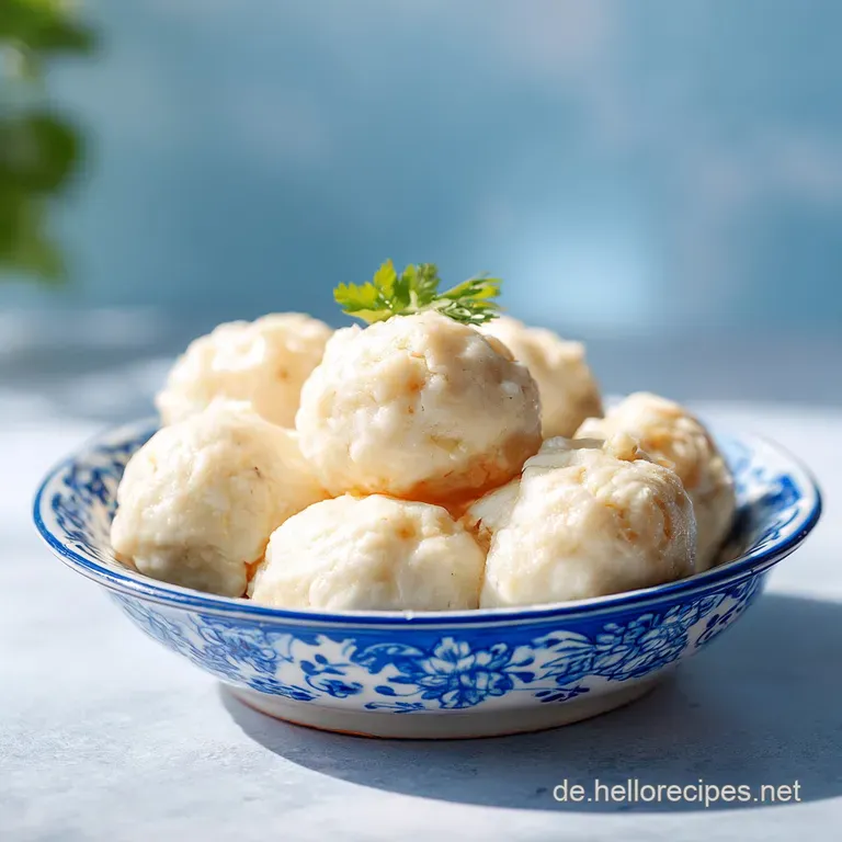 A porcelain plate holds two fluffy bread dumplings glistening with savory sauce and speckled with vibrant fresh parsley.