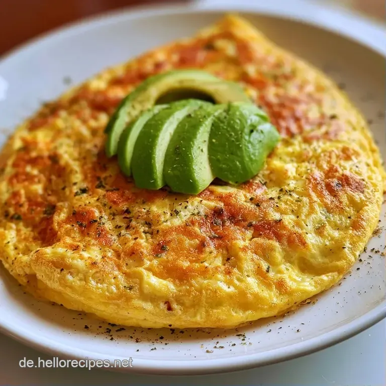 Luftiges, hellgelbes Omelett mit cremiger Avocado und feinen Kr&auml;utern, elegant auf einem schlichten wei&szlig;en Teller.