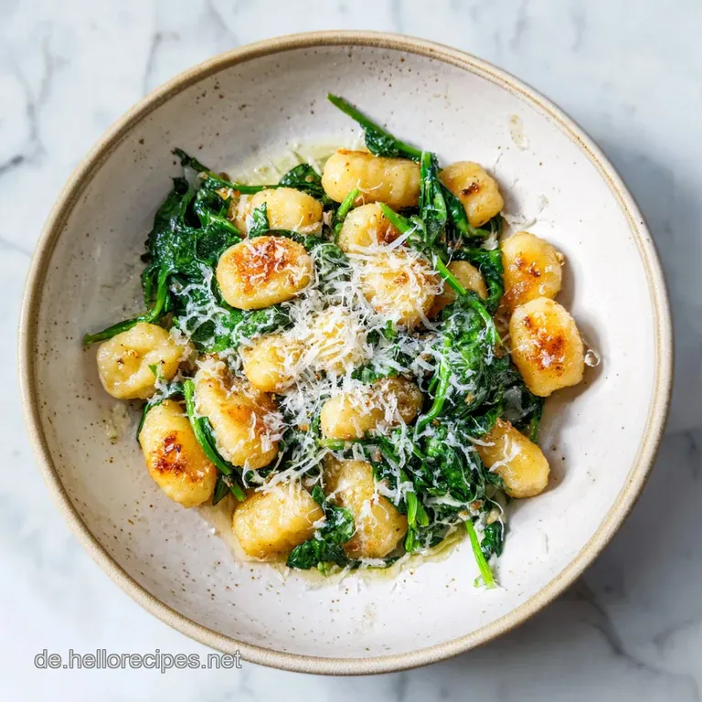 Goldgelbe, knusprige Gnocchi auf einem Bett aus saftigem, gr&uuml;nem Spinat, angerichtet auf einem wei&szlig;en Porzellanteller.