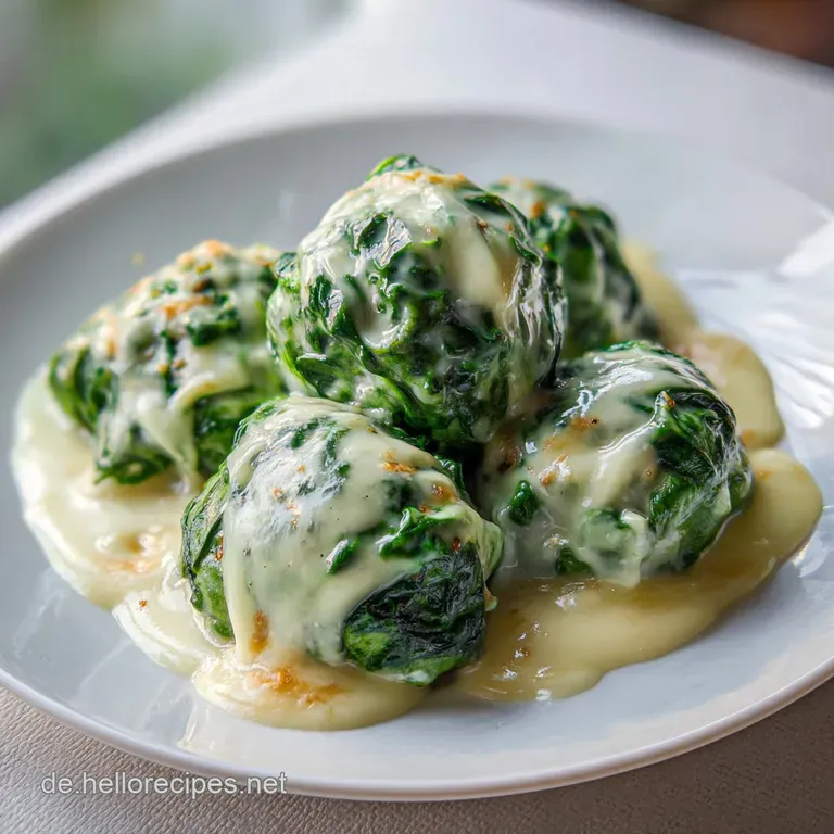 Elegant angerichtete gr&uuml;ne Kl&ouml;&szlig;e auf einer Servierplatte, umh&uuml;llt von einer samtigen Sauce und goldbraunen Akzenten.
