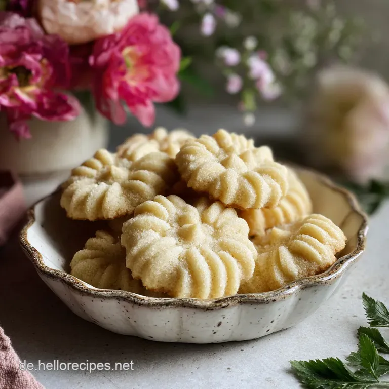 A plate of intricately formed spritz cookies, their buttery surfaces catching the light, ready to be savored with coffee.