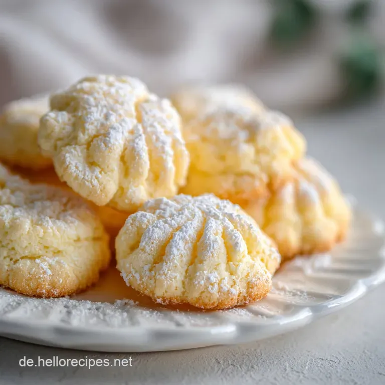 Elegant plate showcasing star-shaped Spritz cookies, their delicate golden hue contrasting with the white plate. Lightly d...