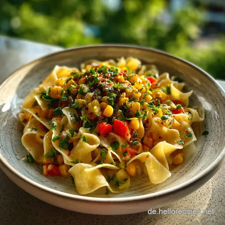 Creamy noodle salad artfully plated with charred corn kernels and a sprinkle of vibrant paprika. A modern, flavorful summe...