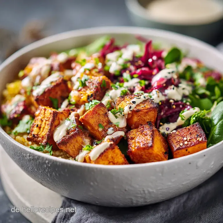 A neatly arranged sweet potato bowl with distinct sections showcasing the textures of roasted sweet potato, greens, and cr...