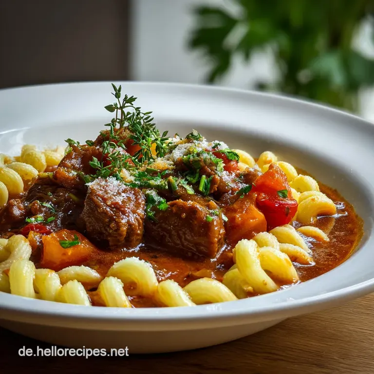 Rich goulash served in a rustic bowl. Garnished with a dollop of sour cream and a sprinkle of fresh paprika for a balanced...