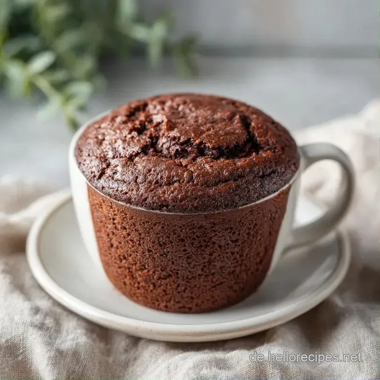 Ein dampfender Schokokuchen in einer Tasse auf einem hellen Untersetzer, fein best&auml;ubt mit wei&szlig;em Puderzucker.