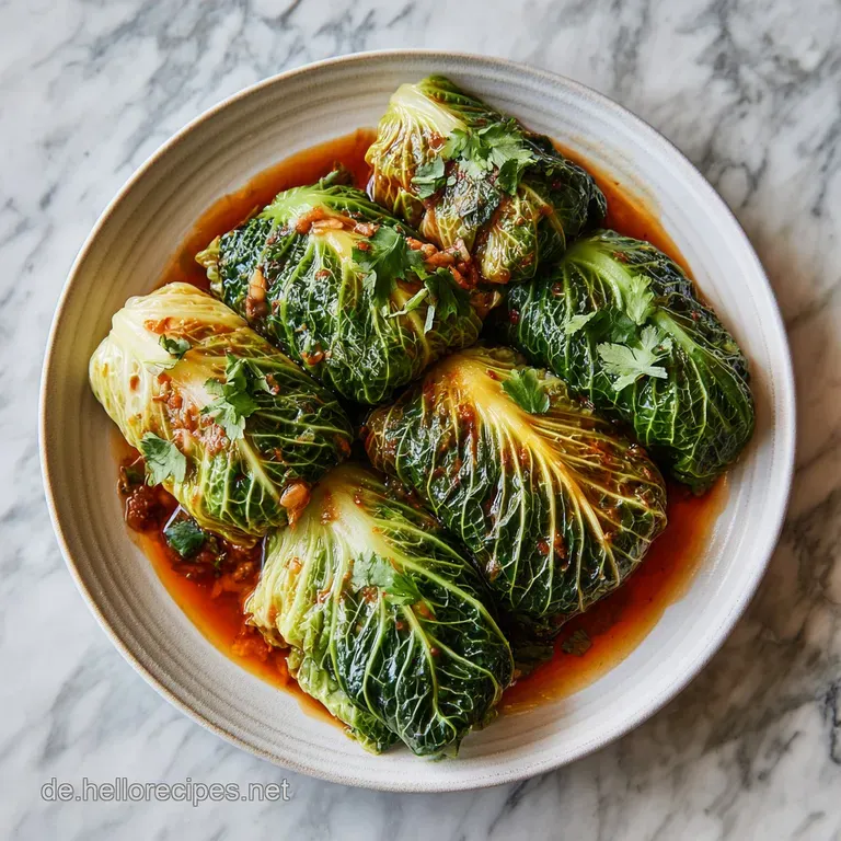 Elegant plate featuring two teriyaki cabbage rolls, sauce drizzled, a vibrant garnish, and a side of fluffy rice. A tempti...