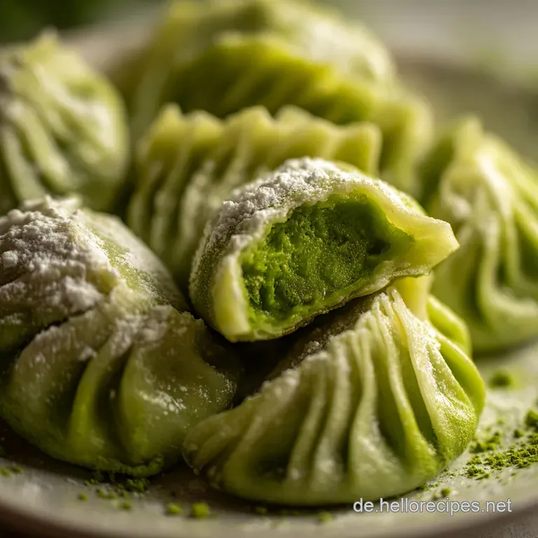 Elegant plate featuring vibrant green potato dumplings with a swirl of creamy sauce and a scattering of fresh herbs, invit...