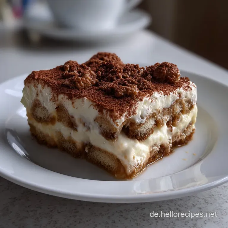 Tiramisu slice with distinct layers on a white plate, dusted with cocoa. A sophisticated dessert, offering a delightful te...