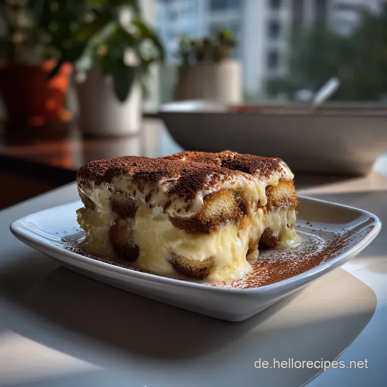 Elegant slices of tiramisu arranged artfully on a white plate, garnished with a dusting of cocoa and fresh mint leaves.
