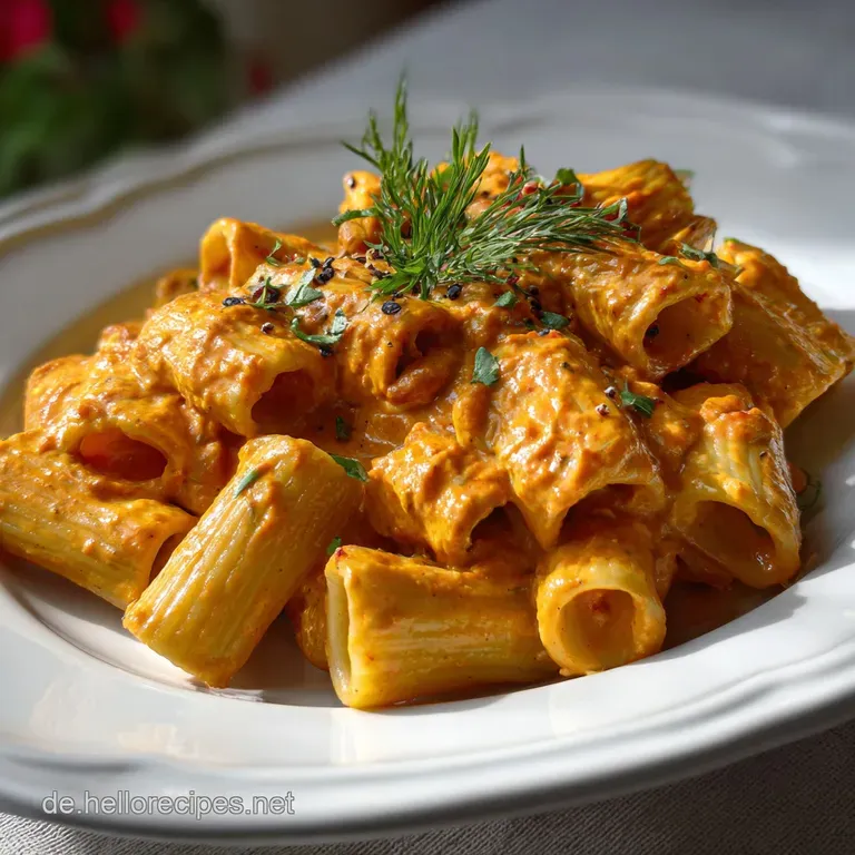 Swirls of tortiglioni pasta coated in a vibrant, creamy sauce. Bright red pepper pieces provide pops of color. A warm, inv...