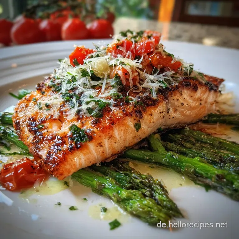 Flaky salmon fillet with creamy tomato sauce served over spinach. Garnished with herbs and plated elegantly.