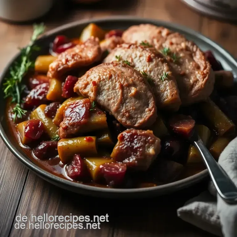 Traditionelles Silvester-Dinner: Festlicher Braten mit Rotkohl und Knödeln presentation