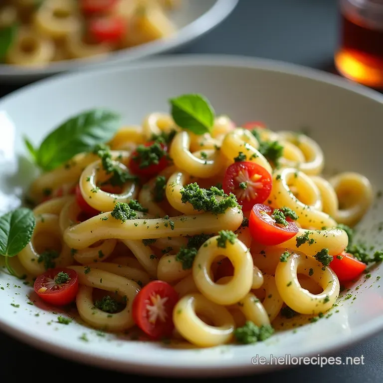 Rote Weiße Grüne Fusilli Selbstgemachte Pasta mit leichtem Pesto