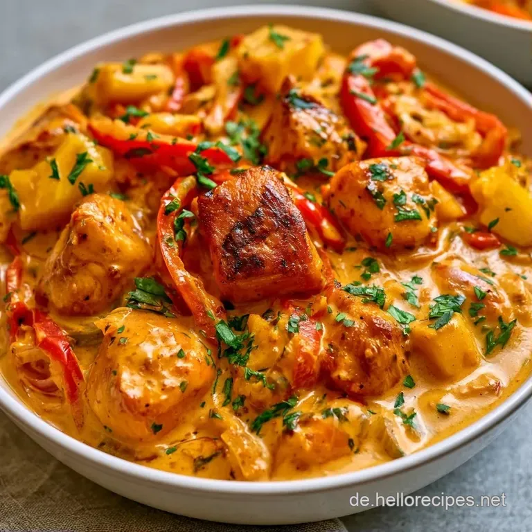 Ein goldgelbes Kokoscurry mit hellen Fleischst&uuml;cken, gelben Ananasw&uuml;rfeln und roten Paprika auf einem wei&szlig;en Teller.