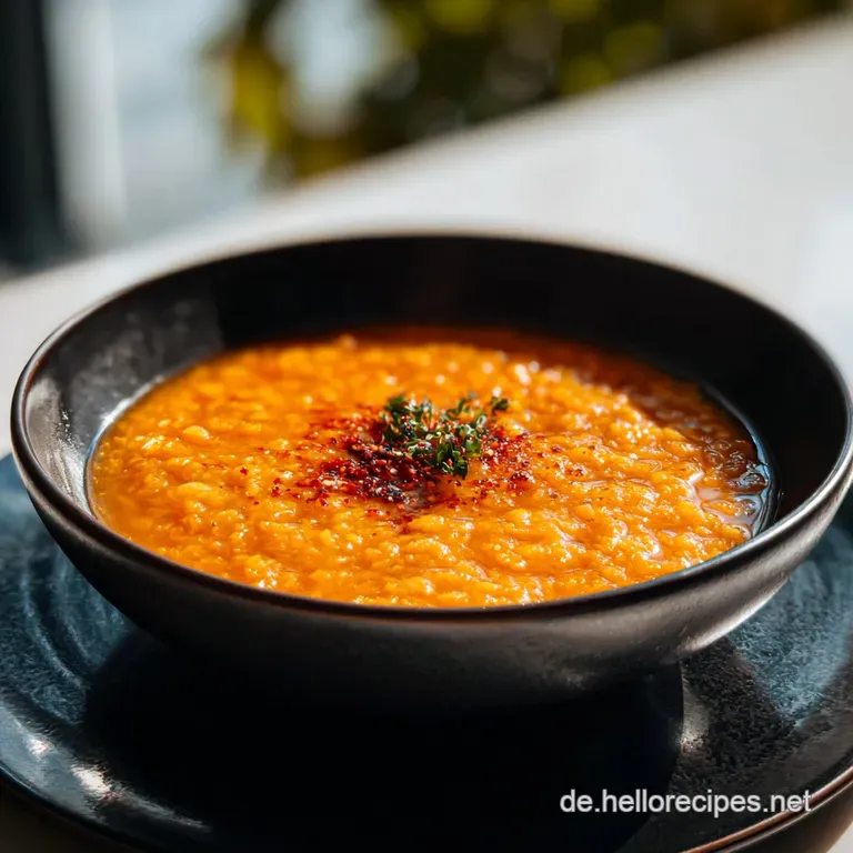 A rustic ceramic bowl holds a rich, orange-red lentil soup, generously garnished with a drizzle of yogurt and fresh parsley.