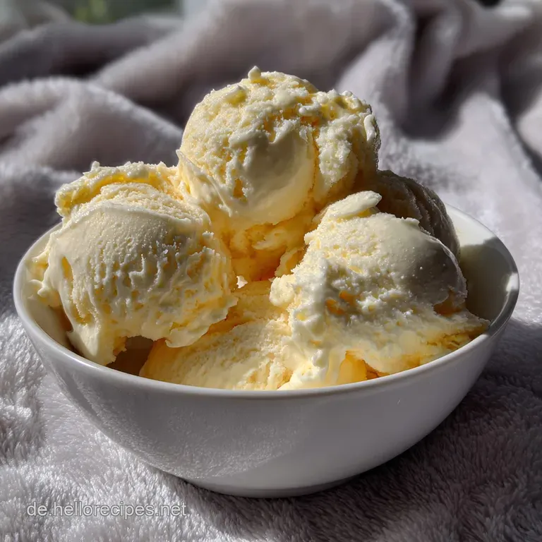 Scoops of pale vanilla ice cream elegantly arranged in a glass, garnished with a sprig of mint and a drizzle of syrup.