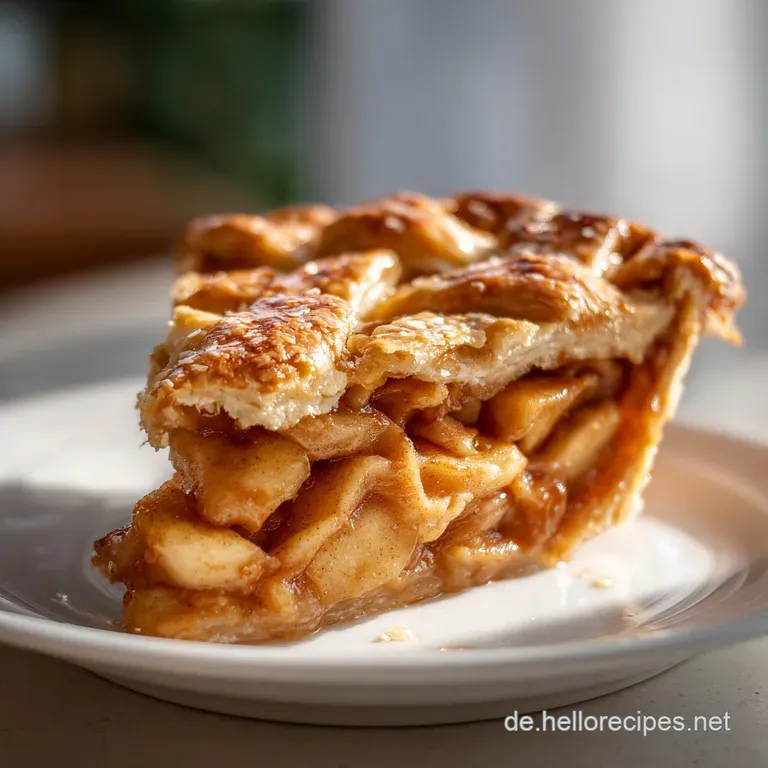 A warm slice of apple crumb cake, glistening with baked apples and a crunchy crumble topping.