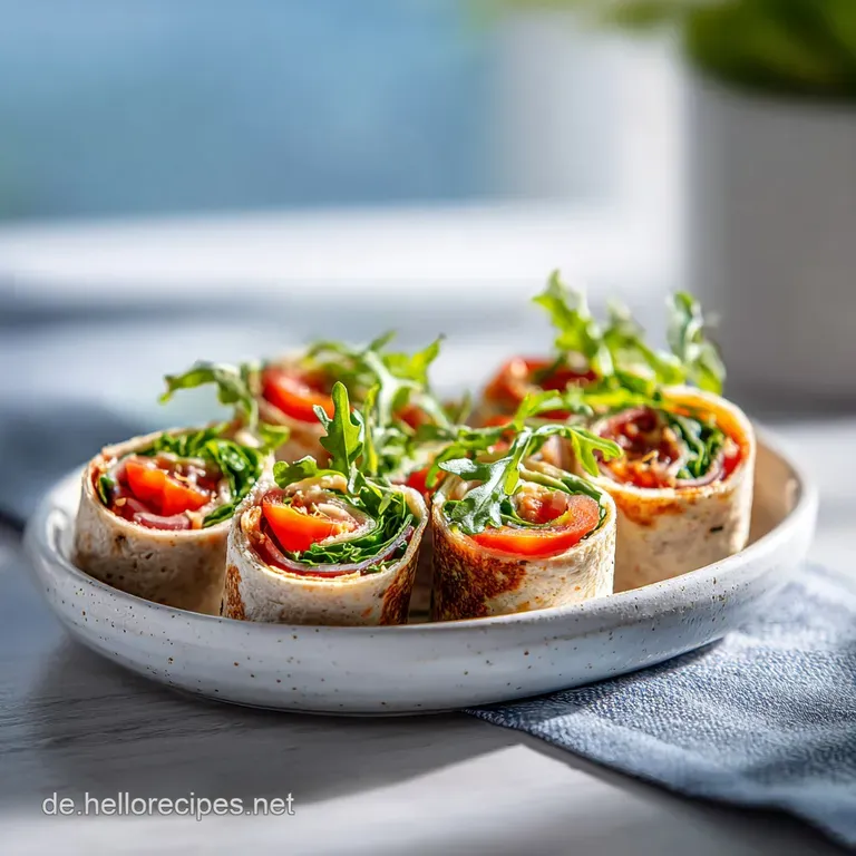 Neatly arranged wrap slices, vibrant green arugula spilling out, showcasing the creamy filling and juicy tomato pieces on ...