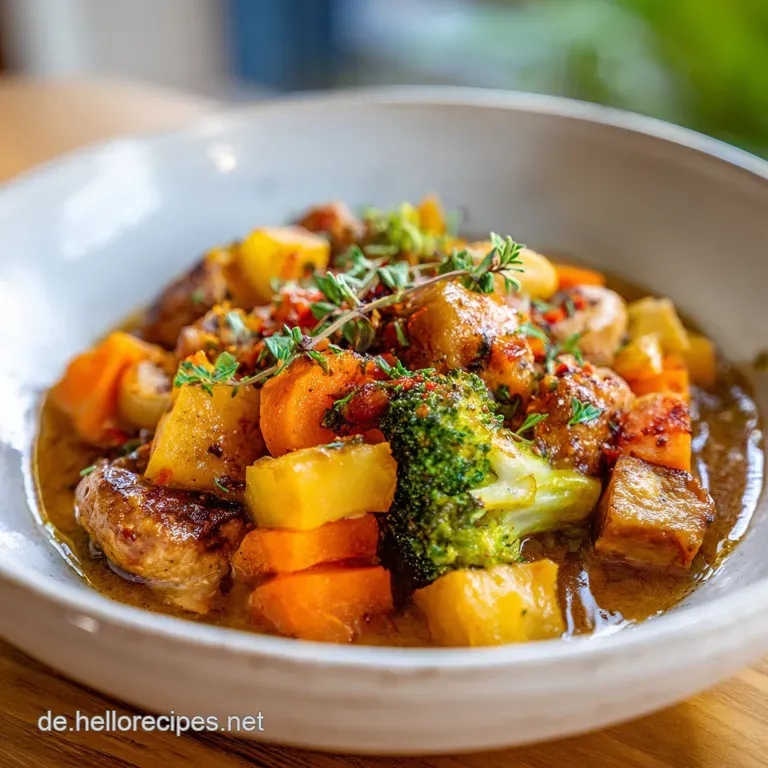 A steaming bowl of vegan potato stew, garnished with bright green herbs. A comforting meal, beautifully presented on a rus...