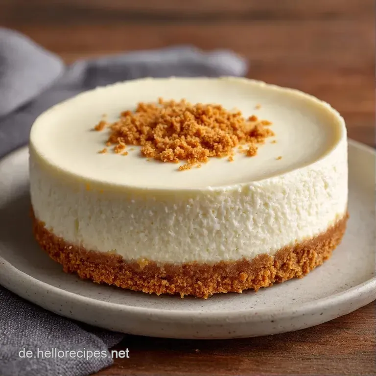 Ein St&uuml;ck samtig-wei&szlig;er Kuchen auf einem schlichten Teller mit einem Spiegel aus roter Beerensauce und frischer Minze.