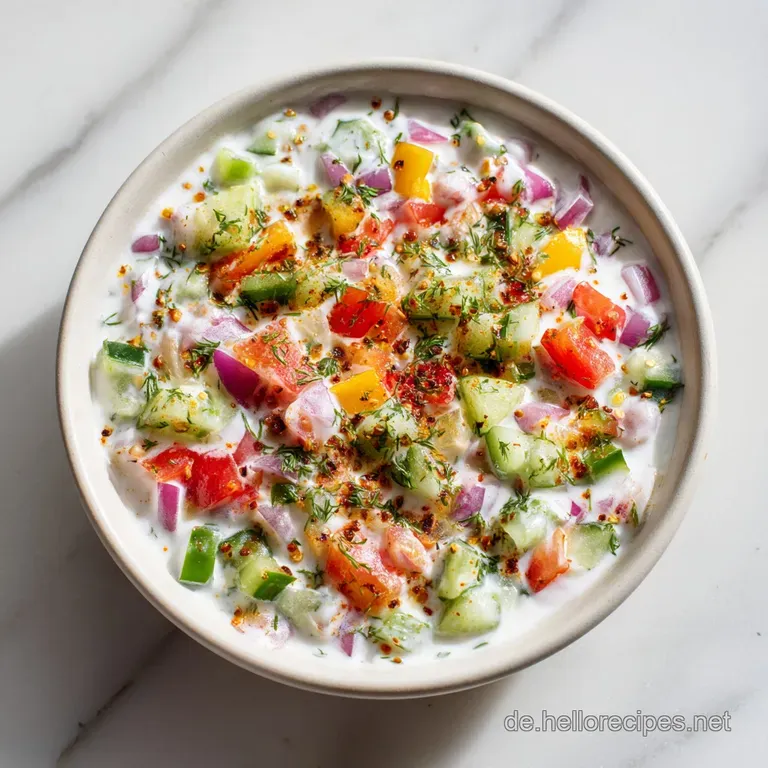 A swirl of white vegan raita in a rustic bowl, topped with fresh green herbs and a sprinkle of red chili.