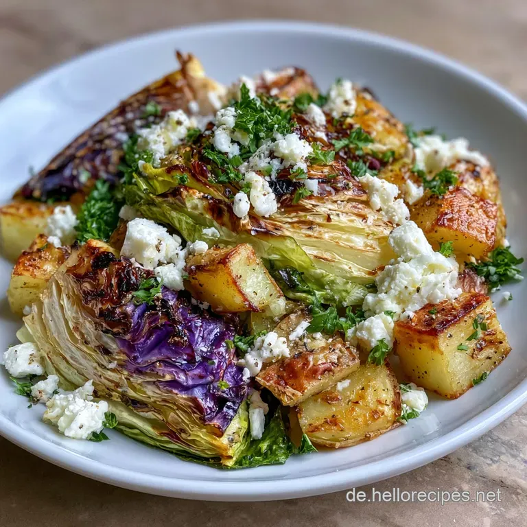 Goldbraune, gl&auml;nzende Spitzkohlspalten auf einer wei&szlig;en Platte, garniert mit cremigem Feta und einem Tropfen Oliven&ouml;l.
