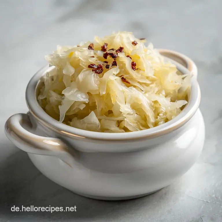 Sauerkraut artfully mounded, steam rising, with visible seasonings and toasted edges, offering a visually appealing serving.