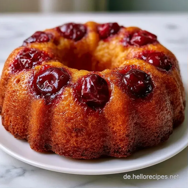 Ein St&uuml;ck saftiger Kirschkuchen auf einem wei&szlig;en Teller, best&auml;ubt mit feinem Puderzucker und einem Minzblatt.