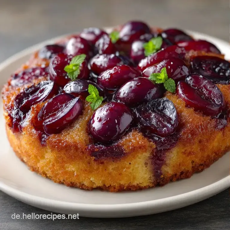 Ein St&uuml;ck fluffiger Kuchen auf einem wei&szlig;en Porzellanteller, best&auml;ubt mit feinem Puderzucker und saftigen Fr&uuml;chten.