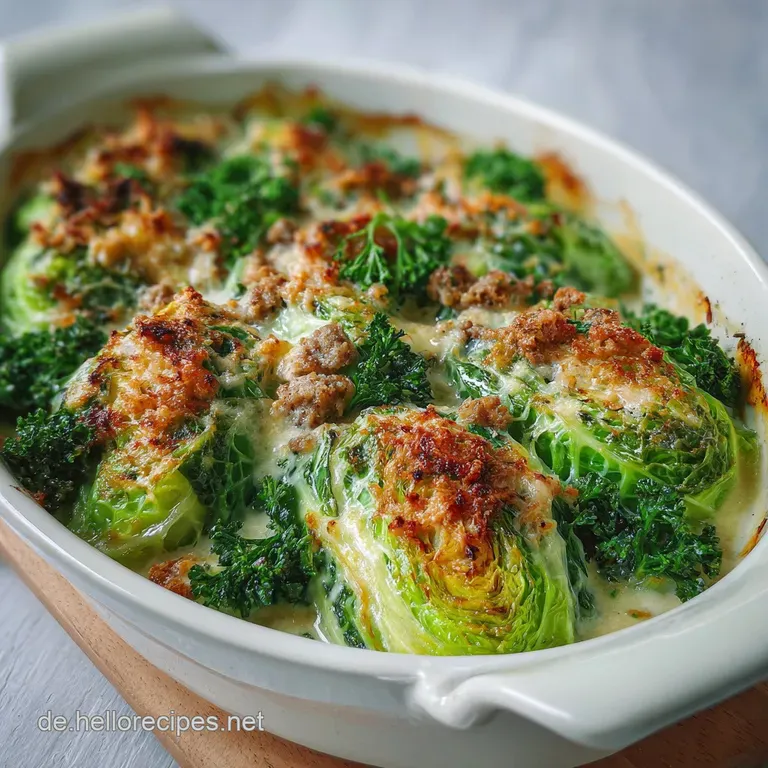 Slice of creamy Wirsingauflauf on a plate. Visible layers of cabbage, meat, and a rich, browned crust. Garnished with fres...