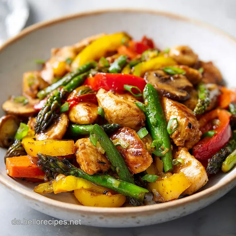 Plated grilled chicken breast with a side of mixed vegetables, glistening with a light, savory sauce.