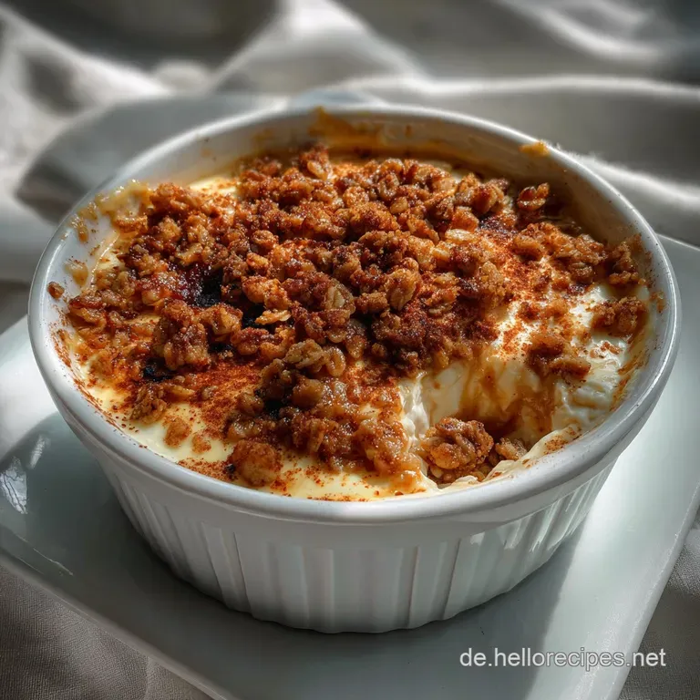 Elegant plating: a generous scoop of creamy dessert, garnished with Streuseln, and artfully arranged pieces of tender, bak...